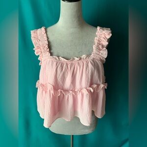 MARBLE Women’s Light Smocked Pink Ruffled Crop Top, Size Small